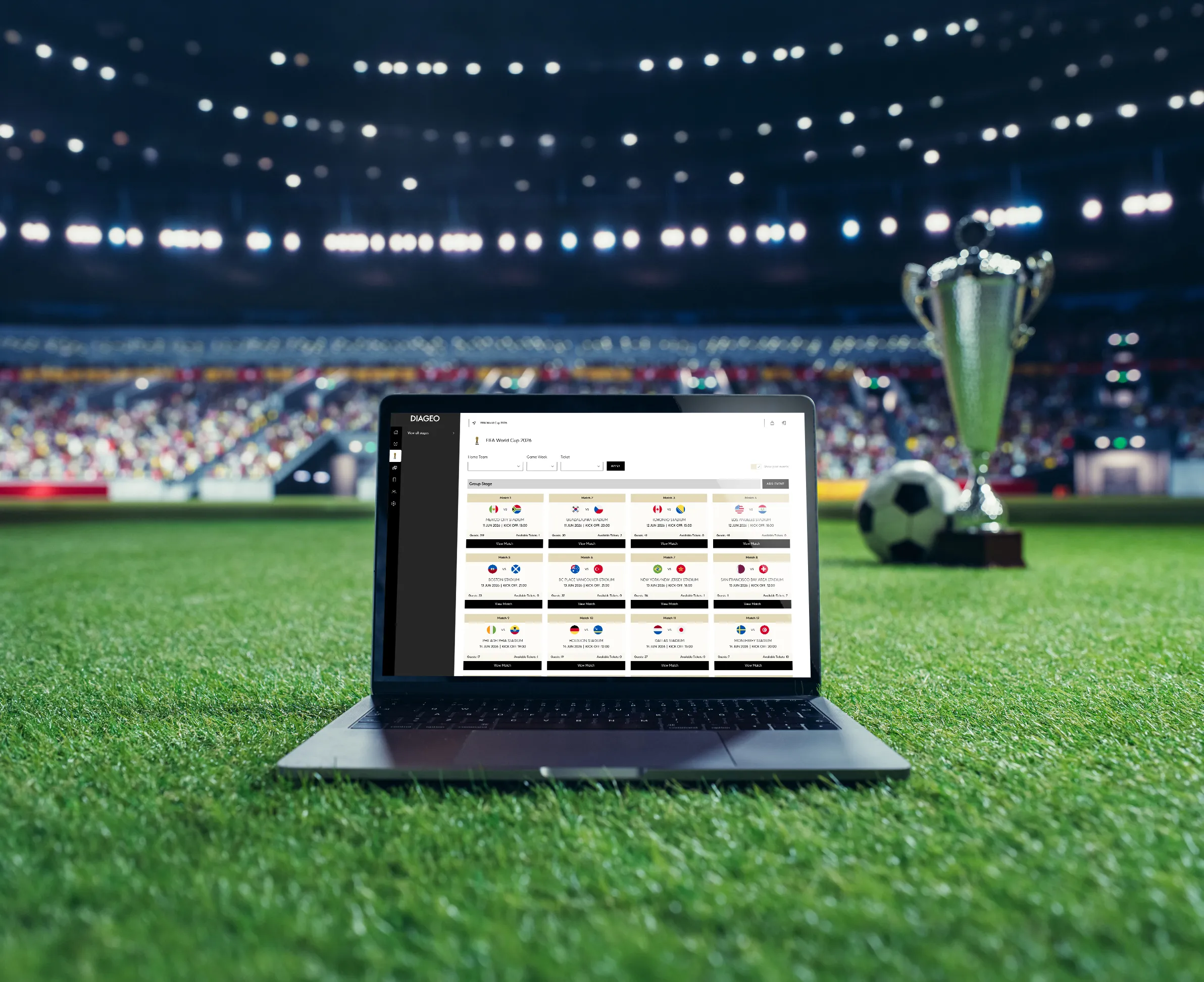 A laptop showing the Diageo guest portal in a stadium